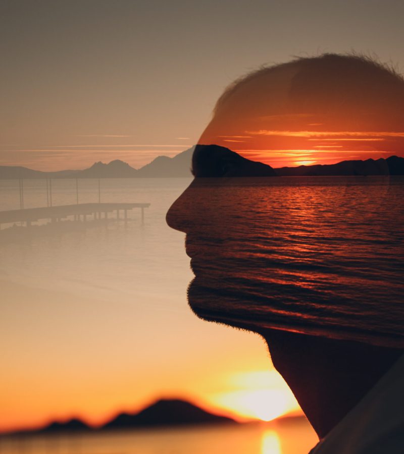 Man,,Sunset,And,Sea.,Psychotherapy,Concept.,Multiple,Exposure.
